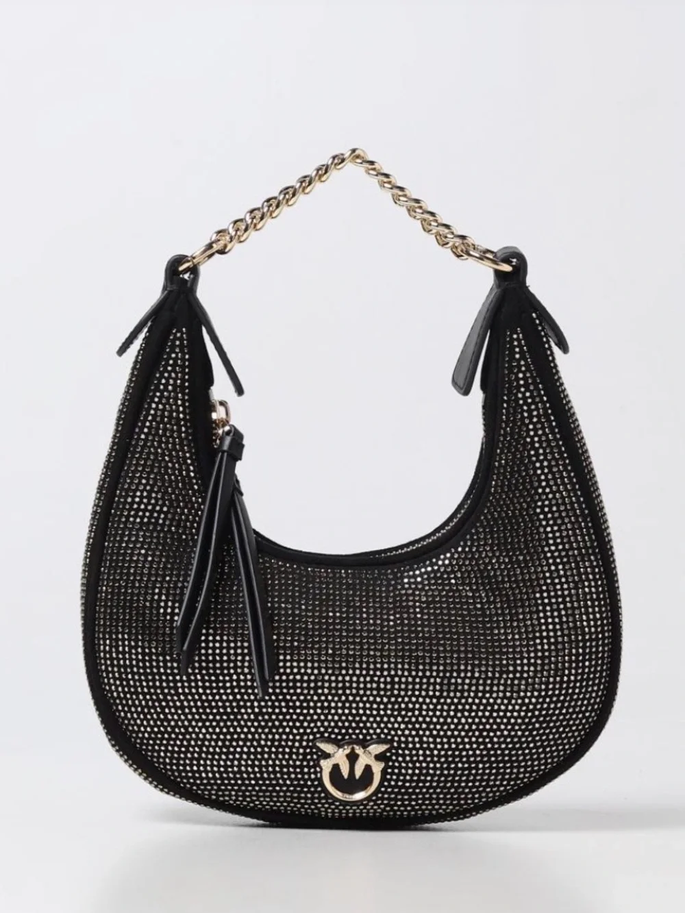 PINKO NEW Brioche bag in black with gold tone rhinestones and gold love birds.
